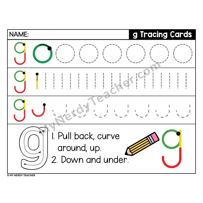 Lowercase Letter g Tracing Card — Stroke Order