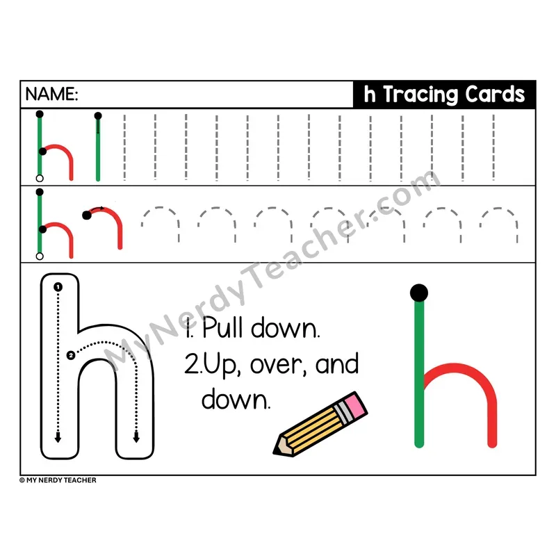 Lowercase Letter h Tracing Card — Stroke Order