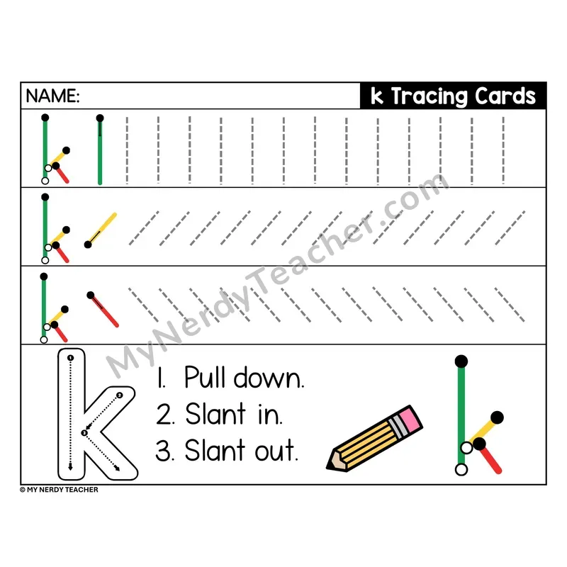 Lowercase Letter k Tracing Card — Stroke Order
