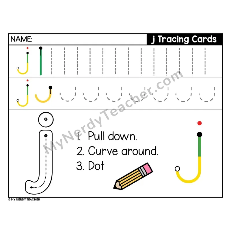 Lowercase Letter j Tracing Card — Stroke Order