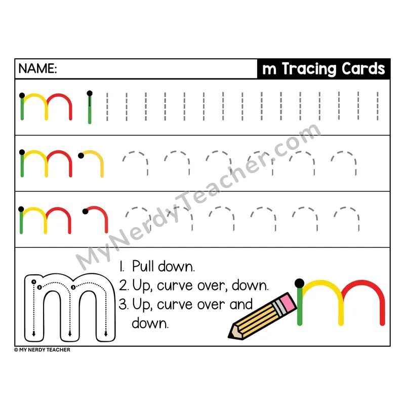 Lowercase Letter m Tracing Card — Stroke Order