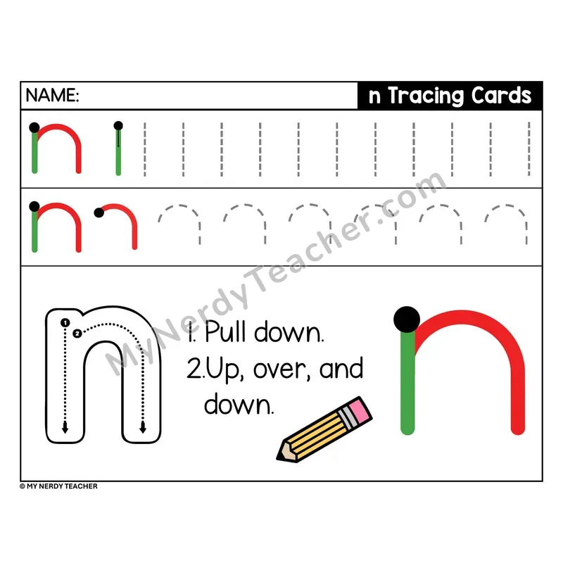 Lowercase Letter n Tracing Card — Stroke Order