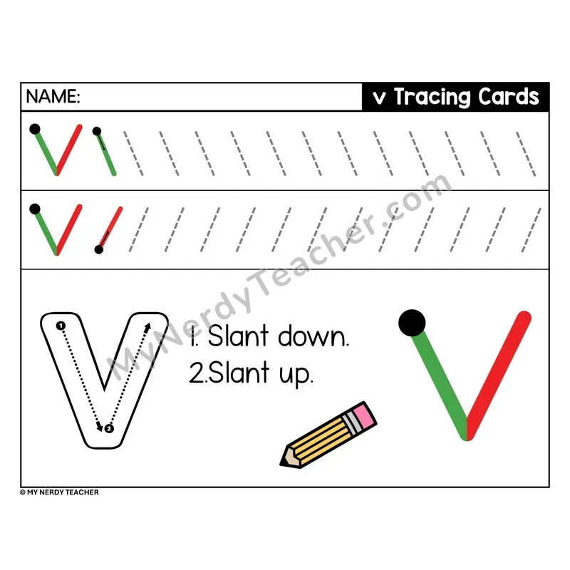 Lowercase Letter v Tracing Card — Stroke Order