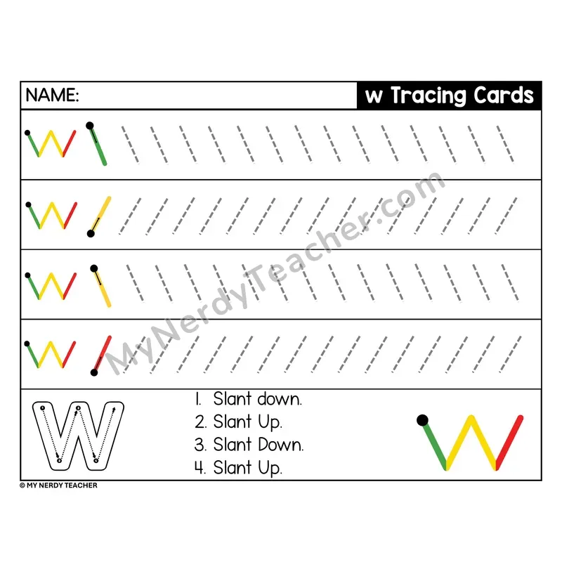 Lowercase Letter w Tracing Card — Stroke Order