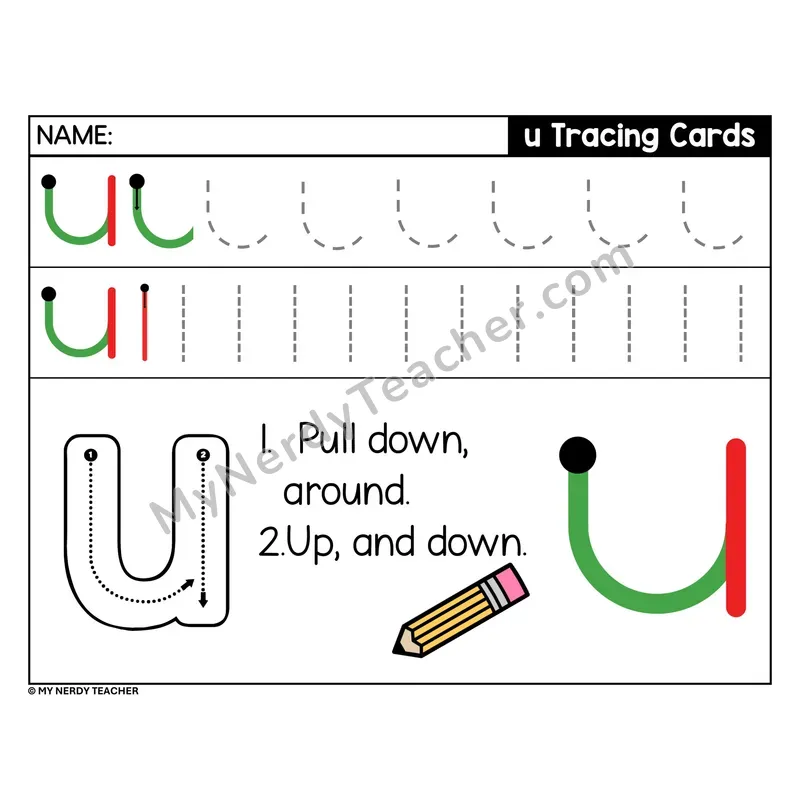 Lowercase Letter u Tracing Card — Stroke Order