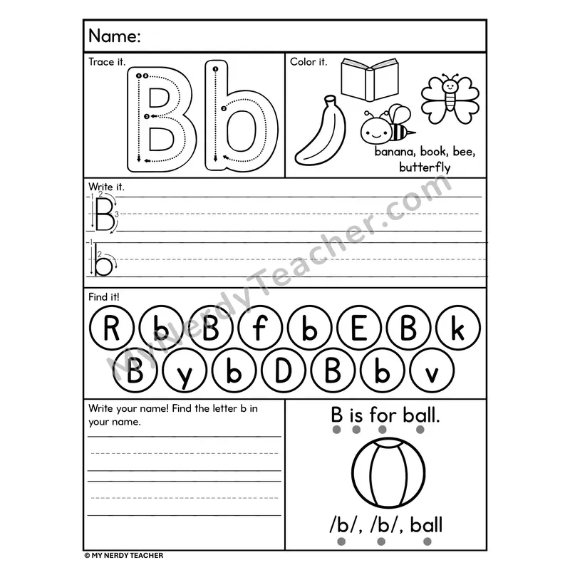 Letter B Alphabet Worksheet — Trace, Write, and Find