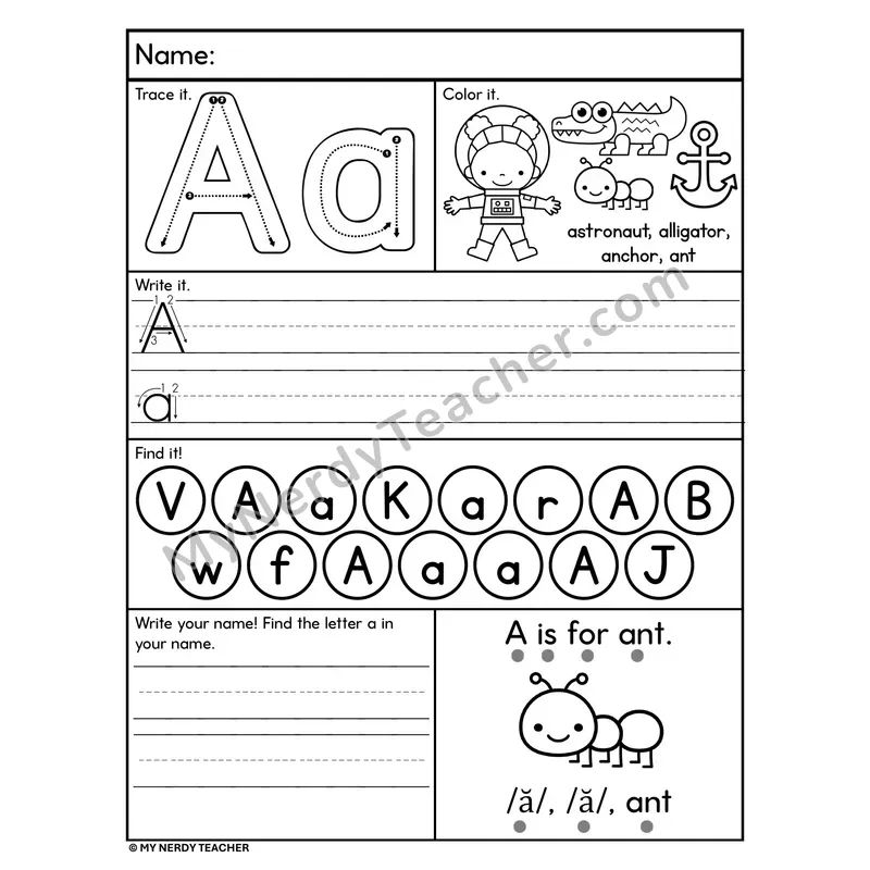 Letter A Alphabet Worksheet — Trace, Write, and Find