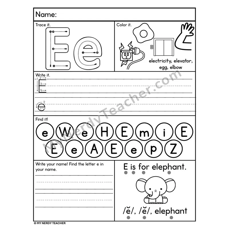 Letter E Alphabet Worksheet — Trace, Write, and Find