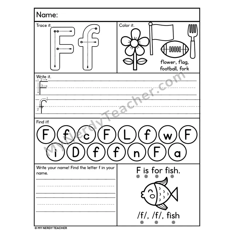 Letter F Alphabet Worksheet — Trace, Write, and Find