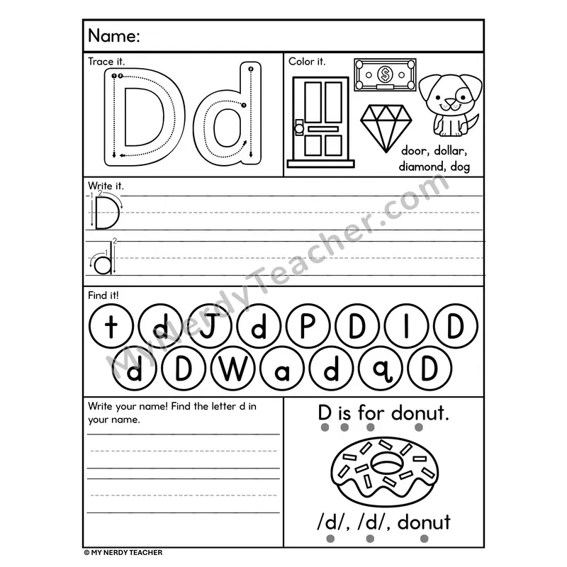 Letter D Alphabet Worksheet — Trace, Write, and Find