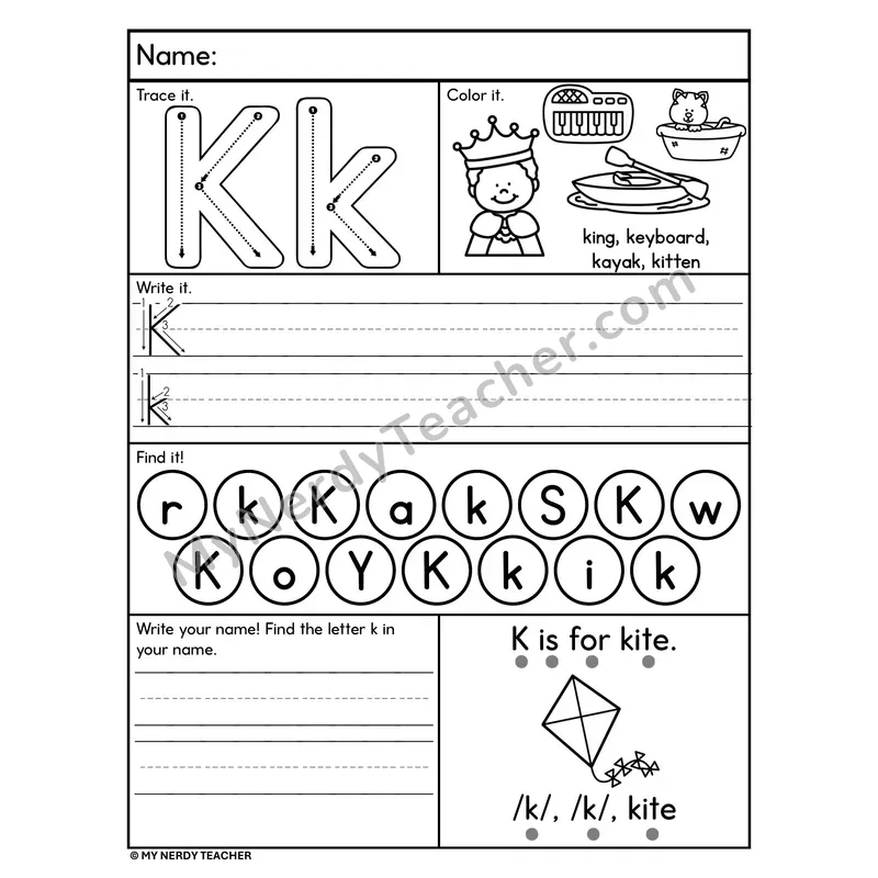 Letter K Alphabet Worksheet — Trace, Write, and Find