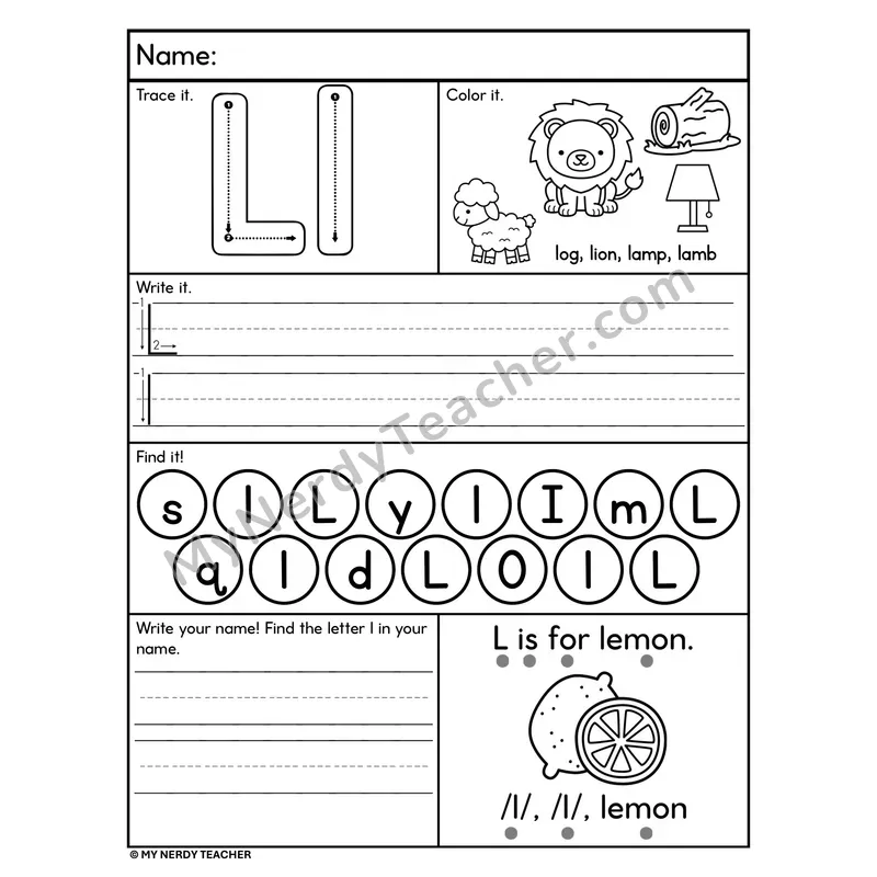 Letter L Alphabet Worksheet — Trace, Write, and Find