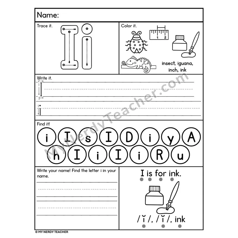 Letter I Alphabet Worksheet — Trace, Write, and Find