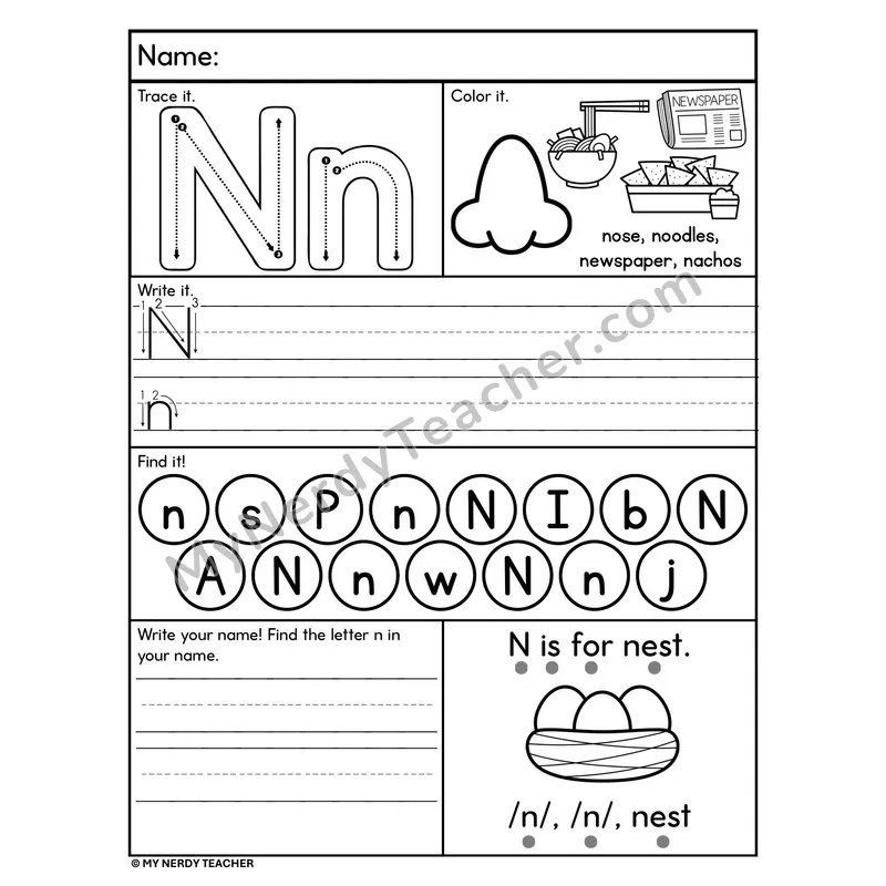 Letter N Alphabet Worksheet — Trace, Write, and Find