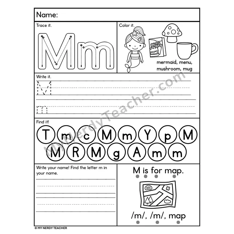 Letter M Alphabet Worksheet — Trace, Write, and Find