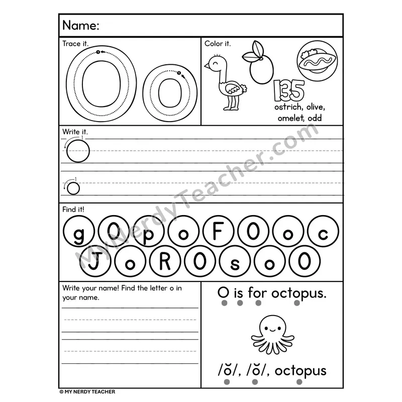 Letter O Alphabet Worksheet — Trace, Write, and Find