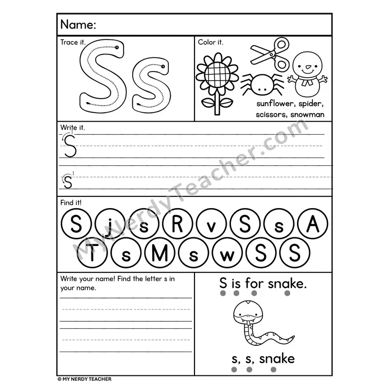 Letter S Alphabet Worksheet — Trace, Write, and Find