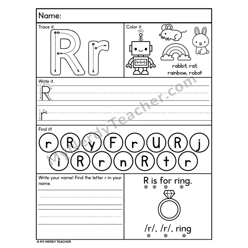Letter R Alphabet Worksheet — Trace, Write, and Find