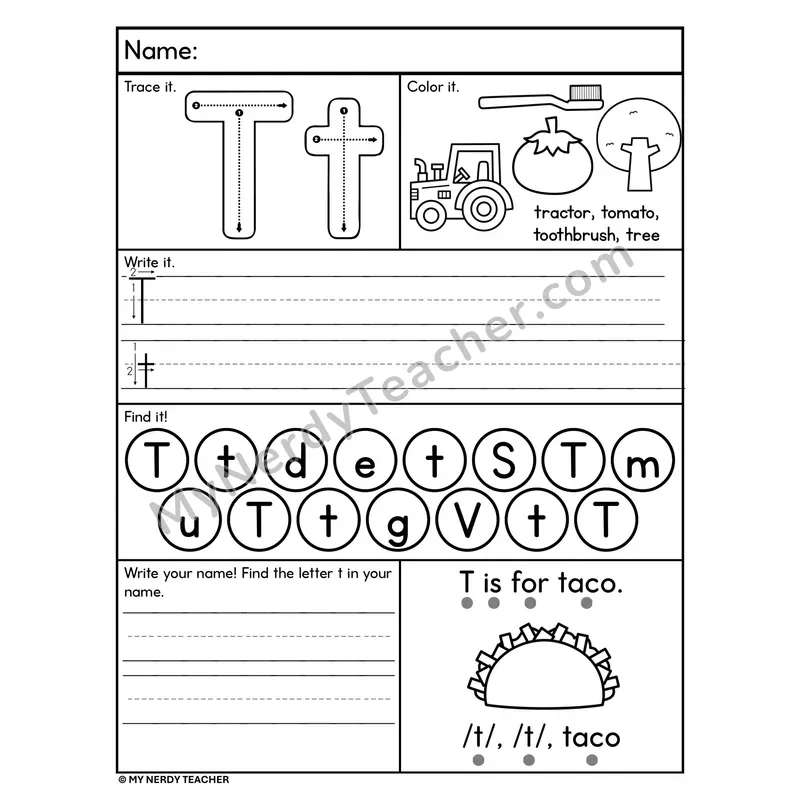 Letter T Alphabet Worksheet — Trace, Write, and Find