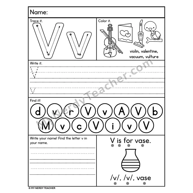 Letter V Alphabet Worksheet — Trace, Write, and Find