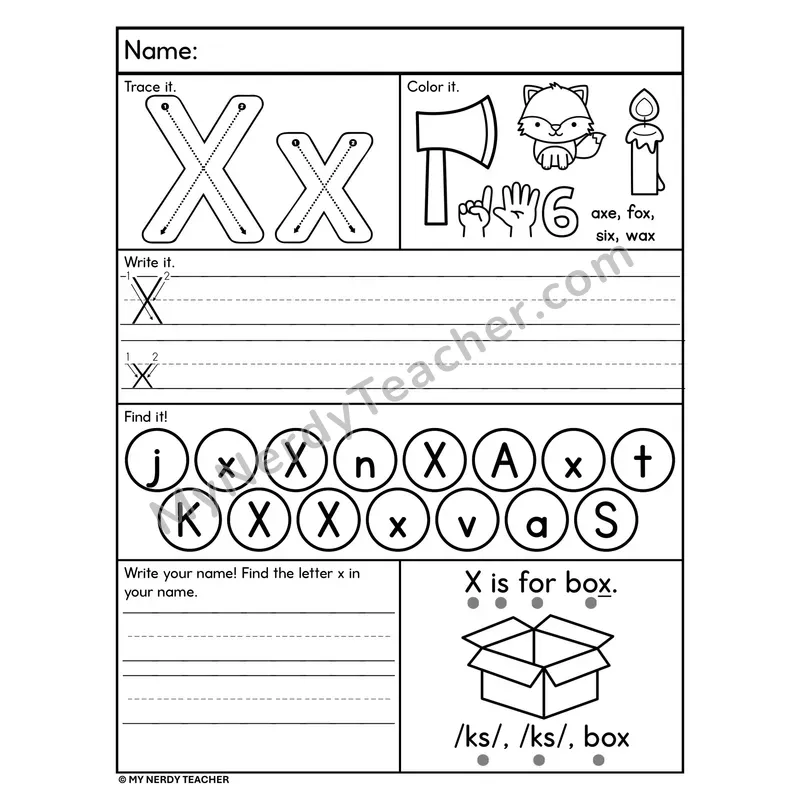 Letter X Alphabet Worksheet — Trace, Write, and Find