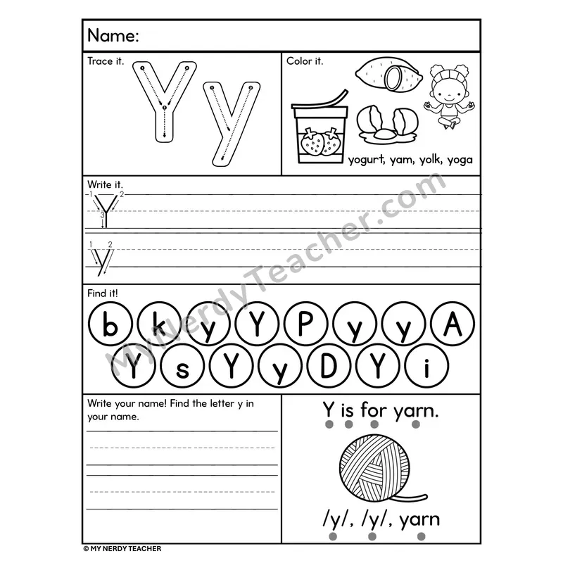Letter Y Alphabet Worksheet — Trace, Write, and Find