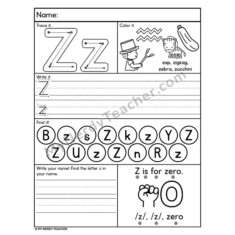 Letter Z Alphabet Worksheet — Trace, Write, and Find