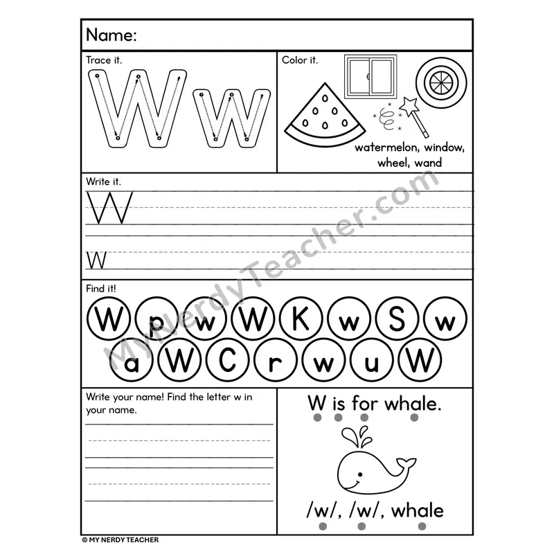 Letter W Alphabet Worksheet — Trace, Write, and Find