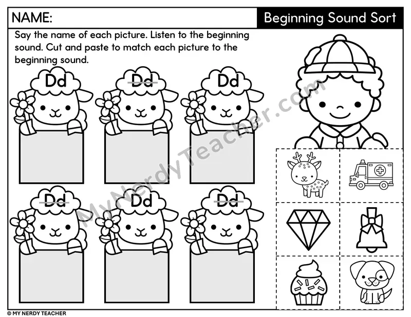 Letter D Beginning Sound Sort — Cut and Paste