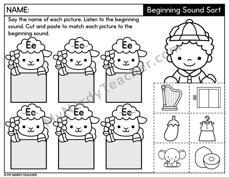 Letter E Beginning Sound Sort — Cut and Paste