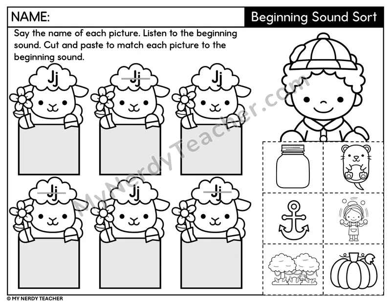 Letter J Beginning Sound Sort — Cut and Paste