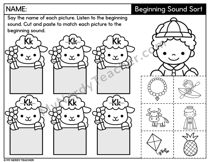 Letter K Beginning Sound Sort — Cut and Paste