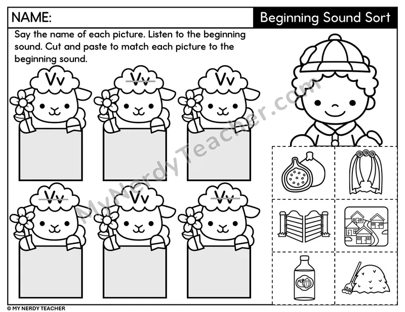 Letter V Beginning Sound Sort — Cut and Paste