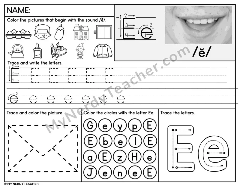 Letter E Tracing Worksheet and Find