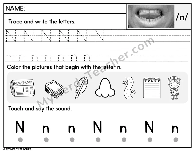 Letter N Trace and Write Worksheet