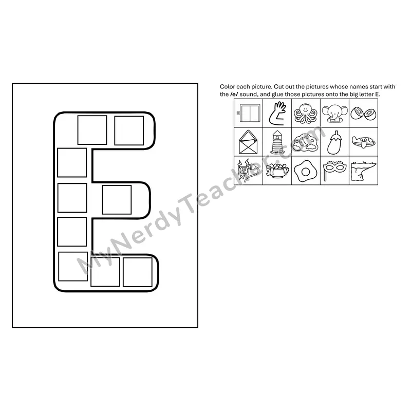 Letter E Beginning Sounds Cut and Paste Craft