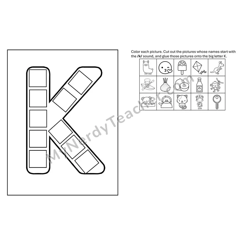 Letter K Beginning Sounds Cut and Paste Craft