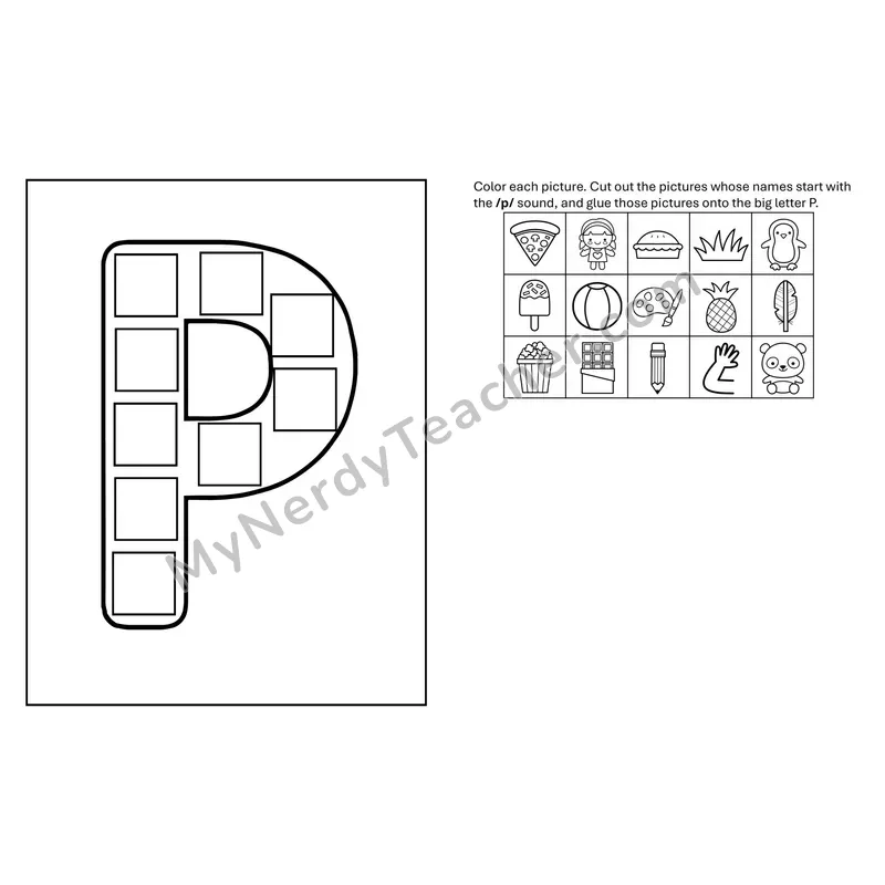 Letter P Beginning Sounds Cut and Paste Craft