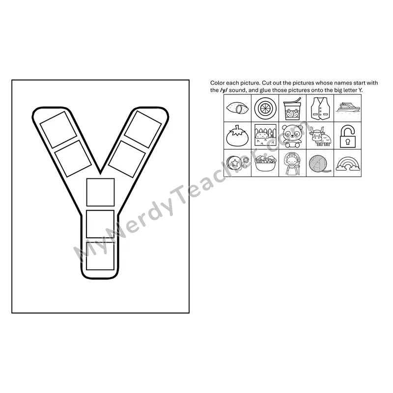 Letter Y Beginning Sounds Cut and Paste Craft