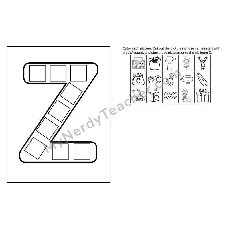 Letter Z Beginning Sounds Cut and Paste Craft