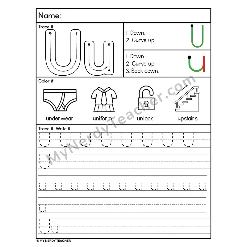 Letter U Tracing Worksheet — Stroke Order Practice