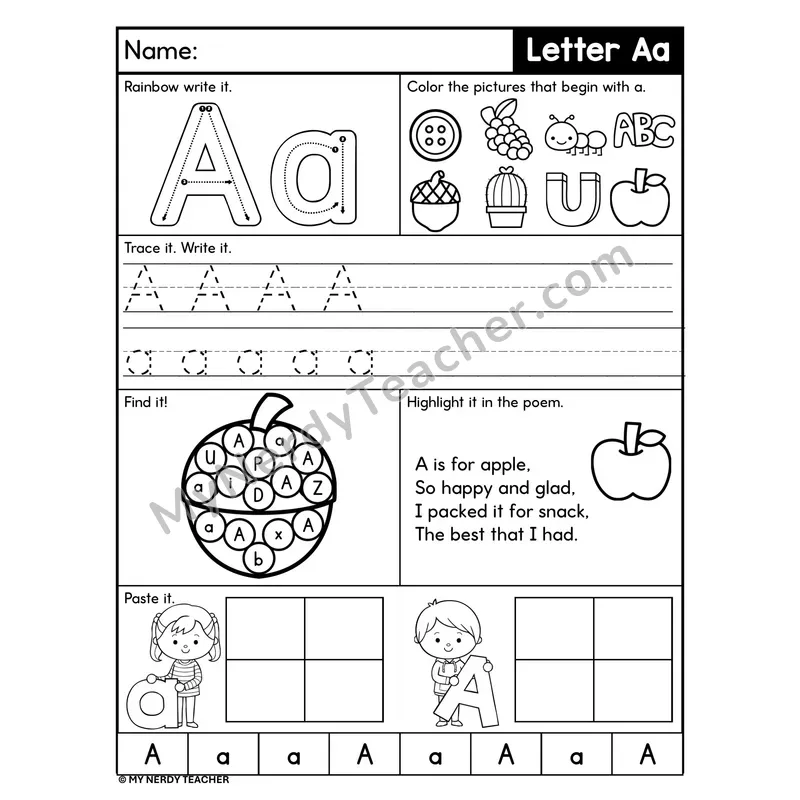 Letter A Worksheet — Rainbow Write, Find, and Paste