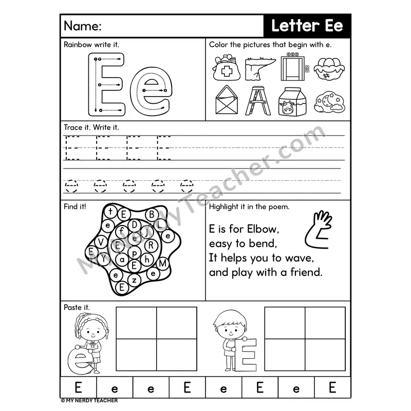 Letter E Worksheet — Rainbow Write, Find, and Paste