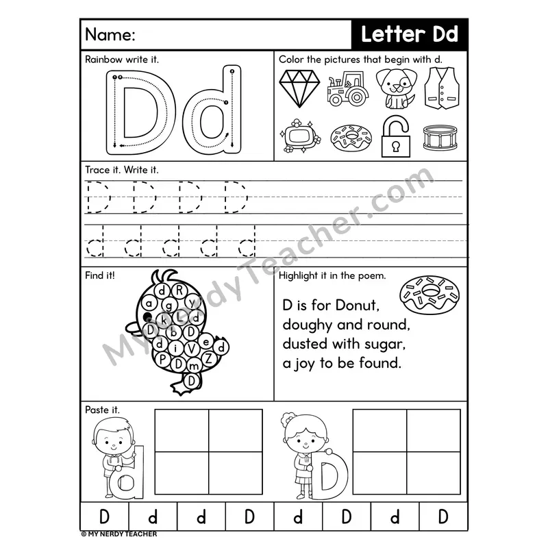 Letter D Worksheet — Rainbow Write, Find, and Paste