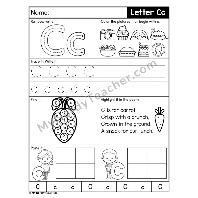 Letter C Worksheet — Rainbow Write, Find, and Paste