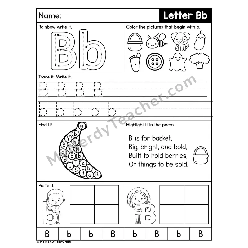 Letter B Worksheet — Rainbow Write, Find, and Paste