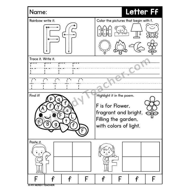 Letter F Worksheet — Rainbow Write, Find, and Paste