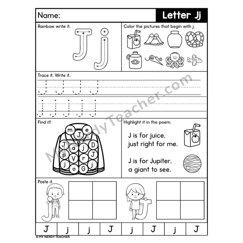 Letter J Worksheet — Rainbow Write, Find, and Paste
