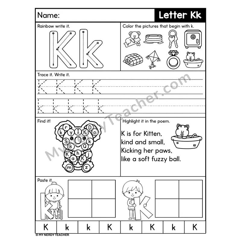 Letter K Worksheet — Rainbow Write, Find, and Paste
