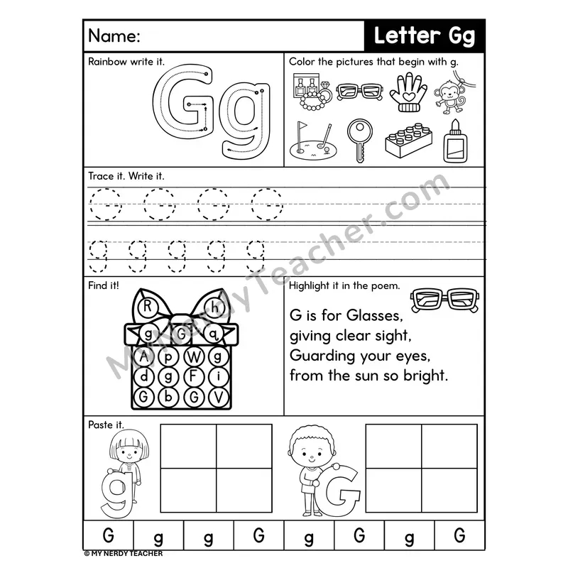 Letter G Worksheet — Rainbow Write, Find, and Paste